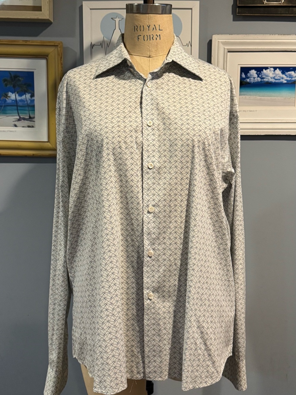 Vintage Prada Men's White Patterned Long-Sleeve Button-Up Shirt’s